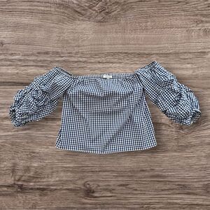 Lucy Paris Gingham Off-Shoulder Blouse Blue Puff Sleeve Women’s Size Small